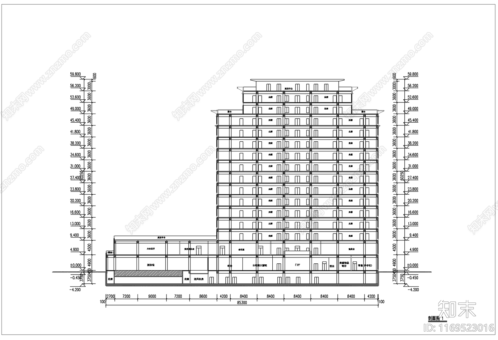 新中式酒店建筑cad施工图下载【ID:1169523016】