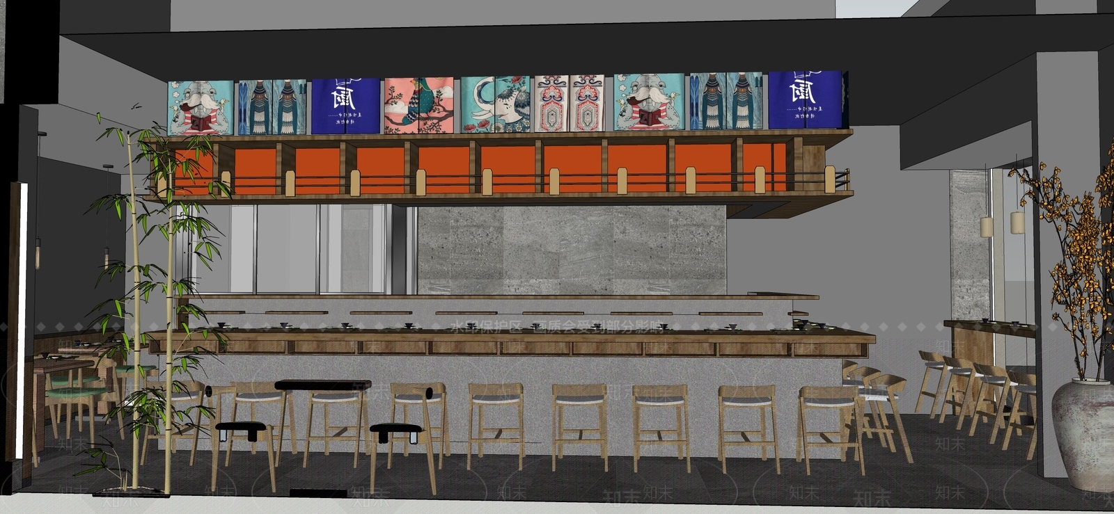 日式新中式日料店SU模型下载【ID:1169582147】