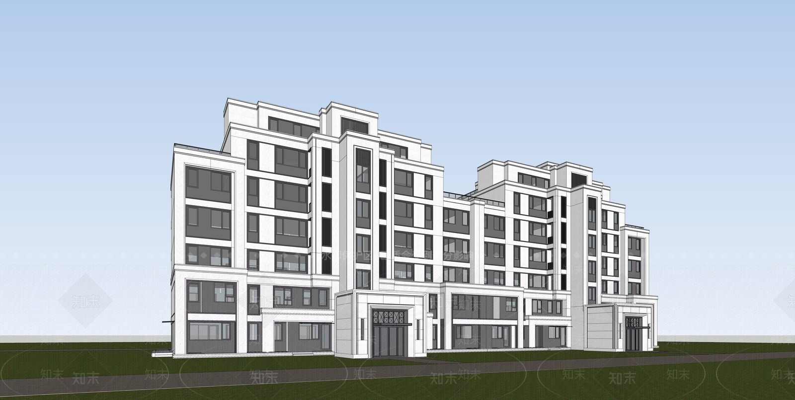 现代复古多层住宅SU模型下载【ID:1169663633】
