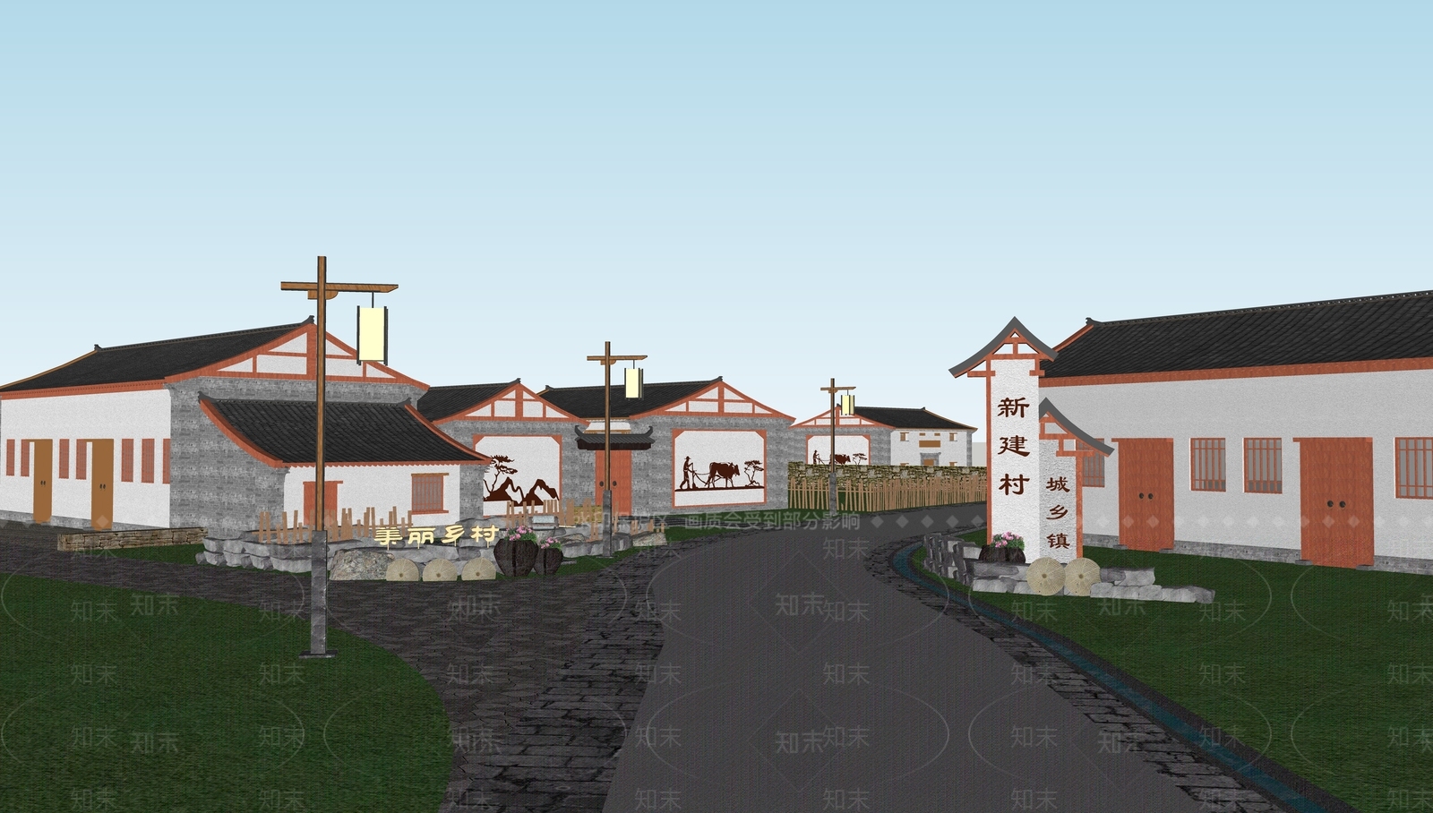 新中式广场景观SU模型下载【ID:1169676807】