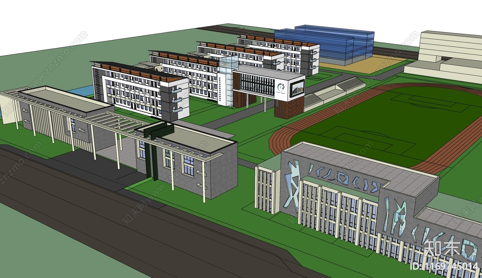 新中式学校建筑SU模型下载【ID:1169745014】