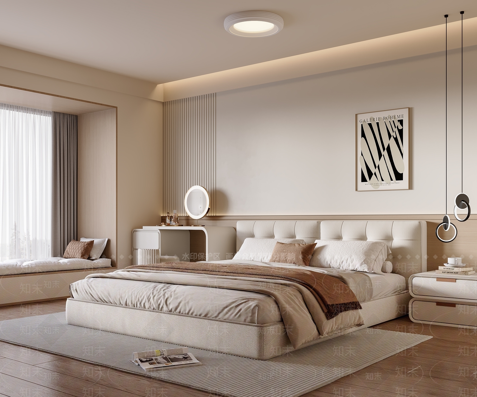 米色软包双人床双人床3D模型下载【ID:1227550973】
