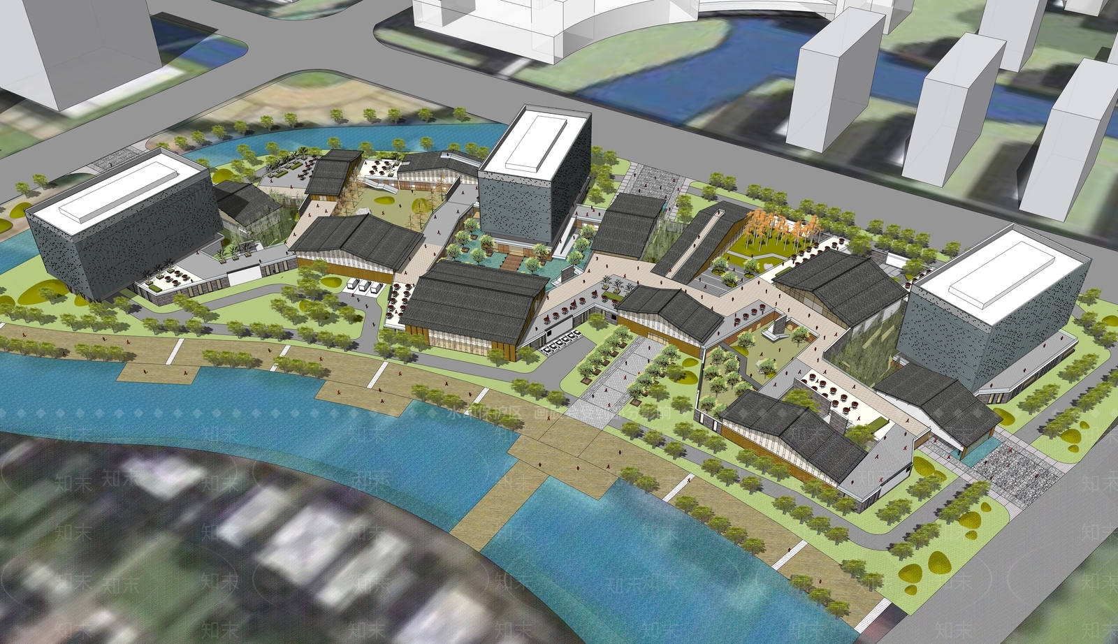 现代新中式商场建筑SU模型下载【ID:1169919154】