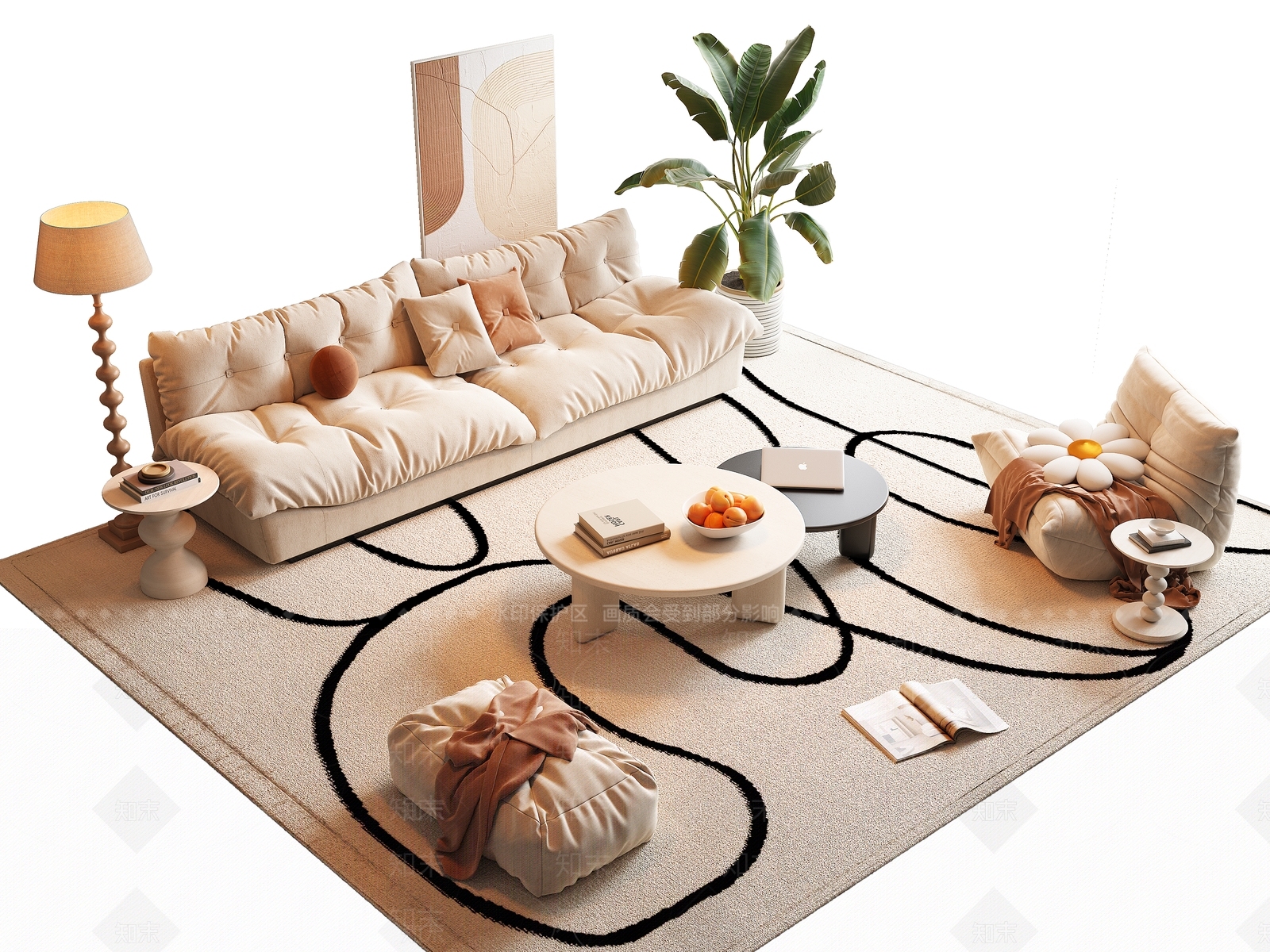 现代奶油沙发组合3D模型下载【ID:1169936421】