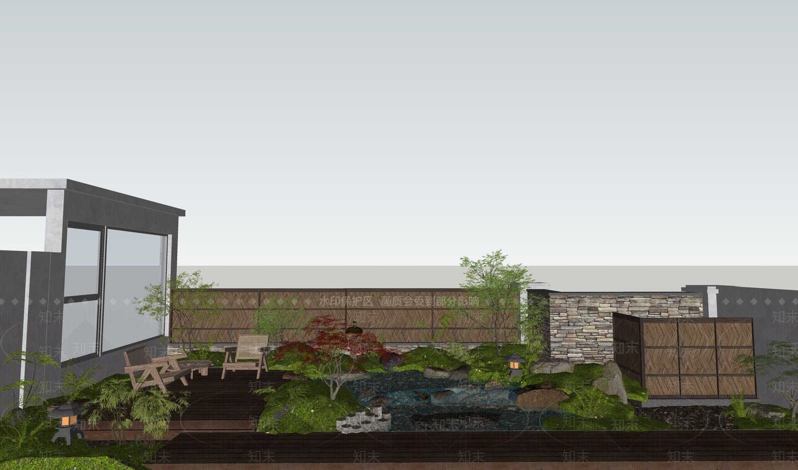 日式侘寂屋顶花园SU模型下载【ID:1170046629】