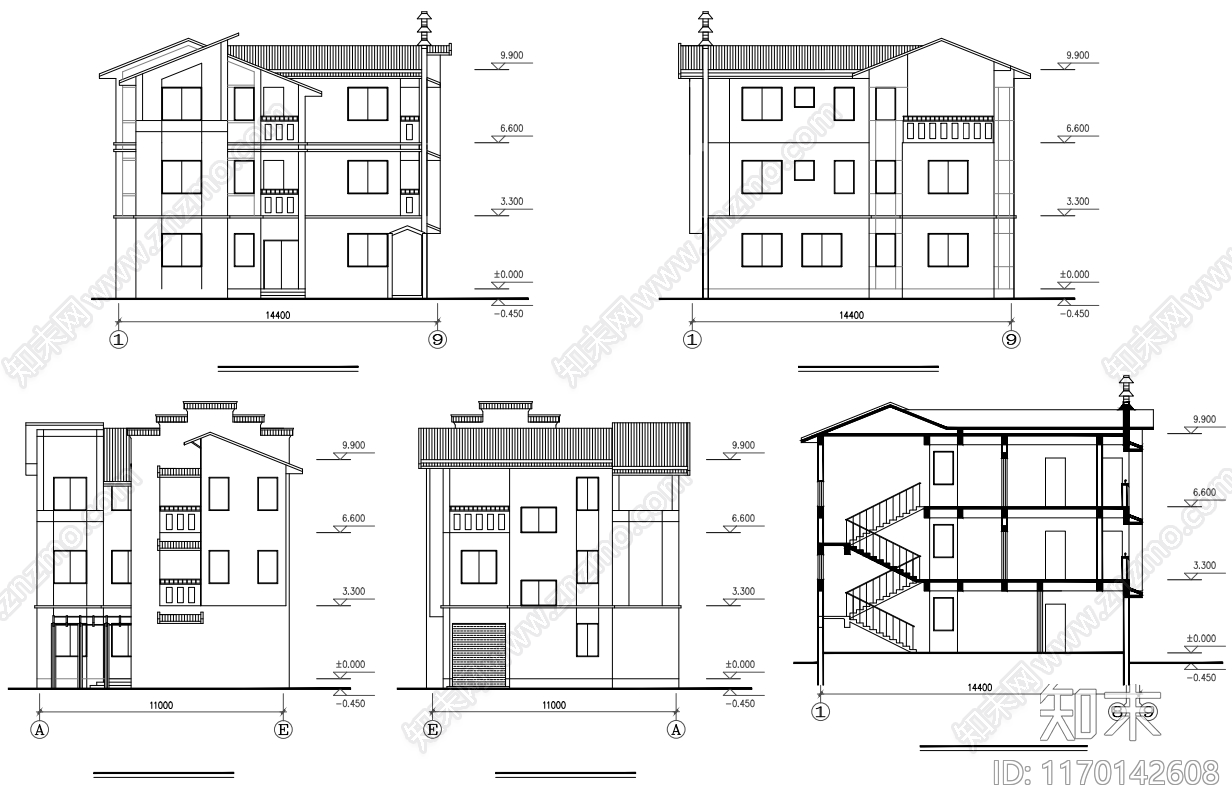 现代别墅建筑cad施工图下载【ID:1170142608】