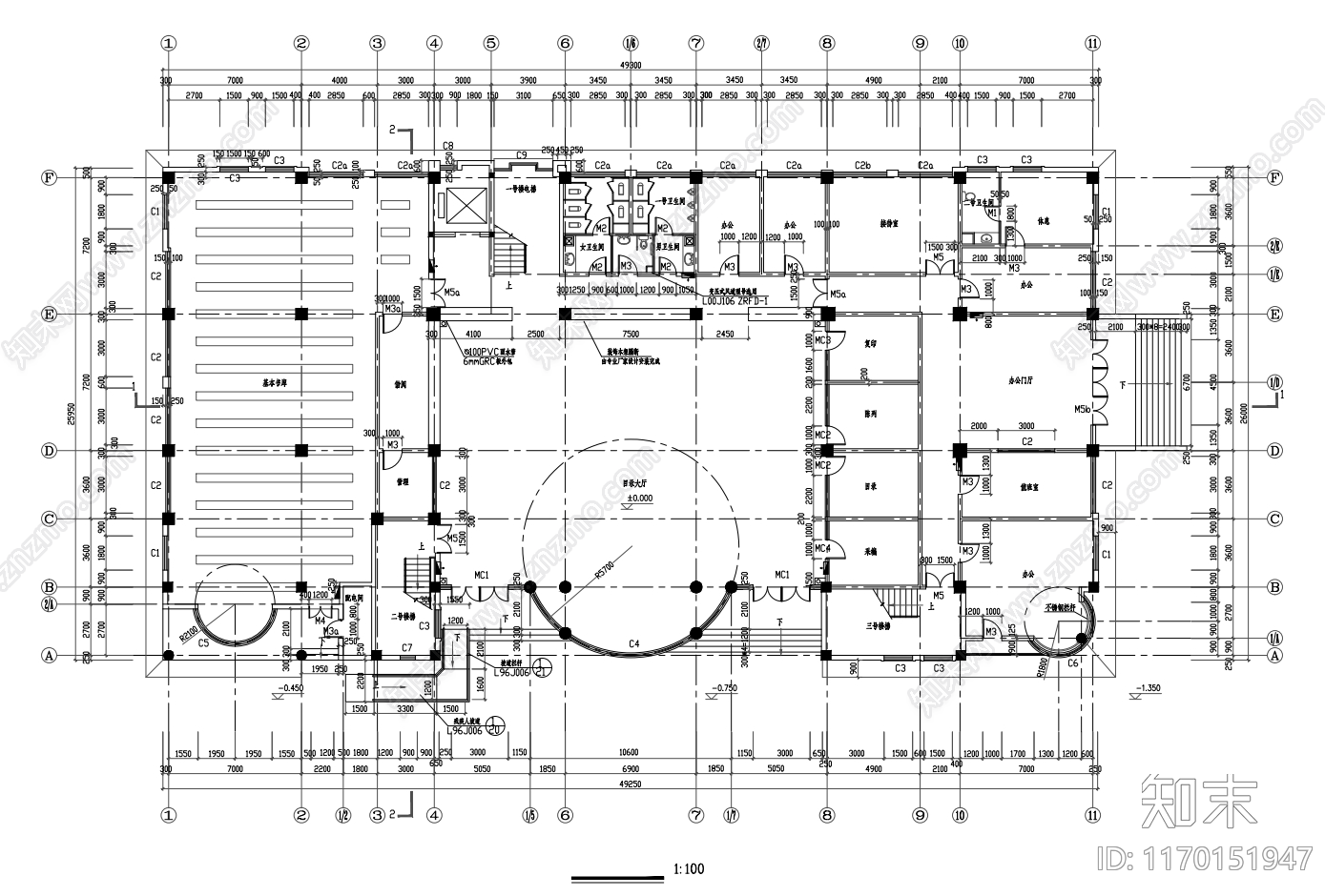 现代图书馆建筑cad施工图下载【ID:1170151947】