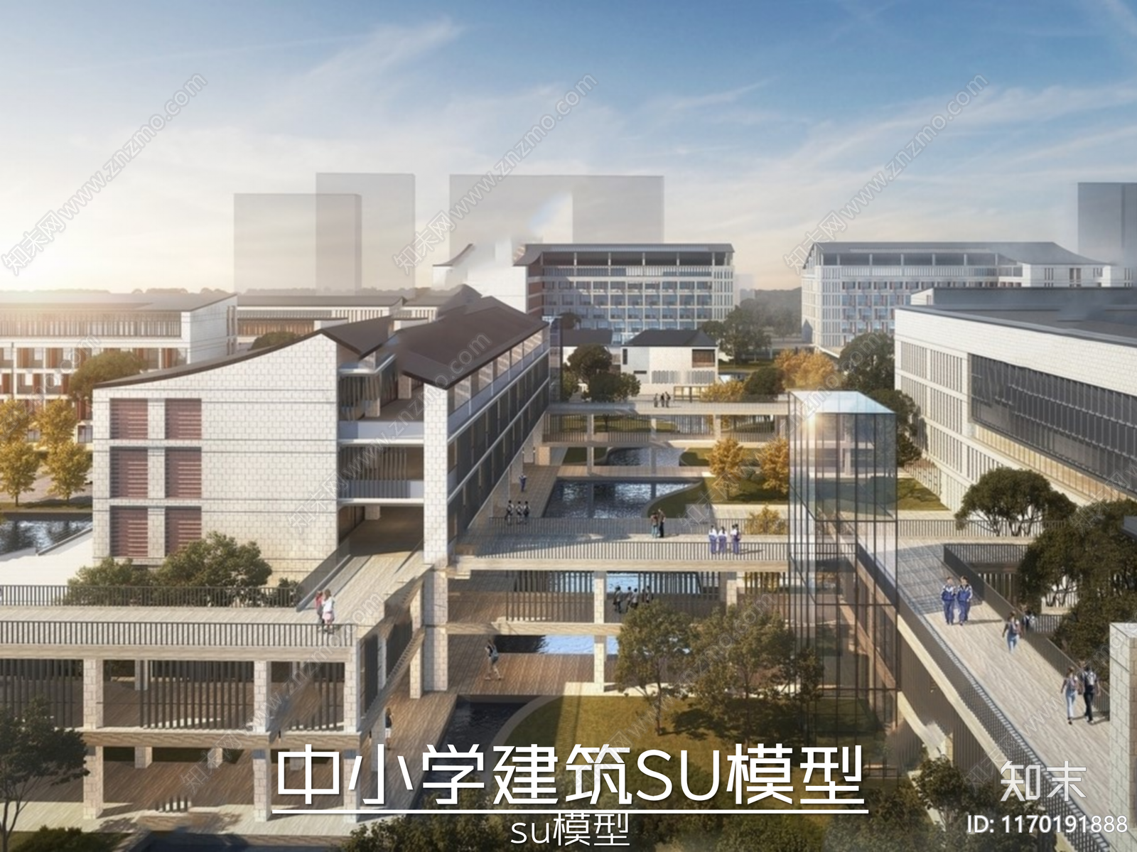 新中式学校建筑SU模型下载【ID:1170191888】