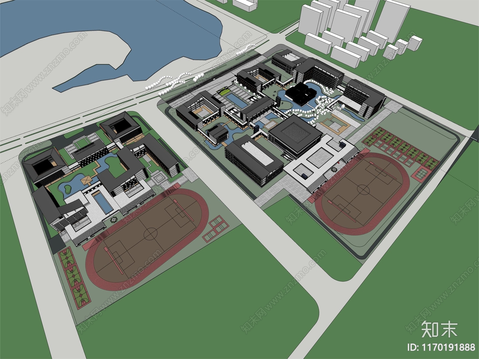 新中式学校建筑SU模型下载【ID:1170191888】