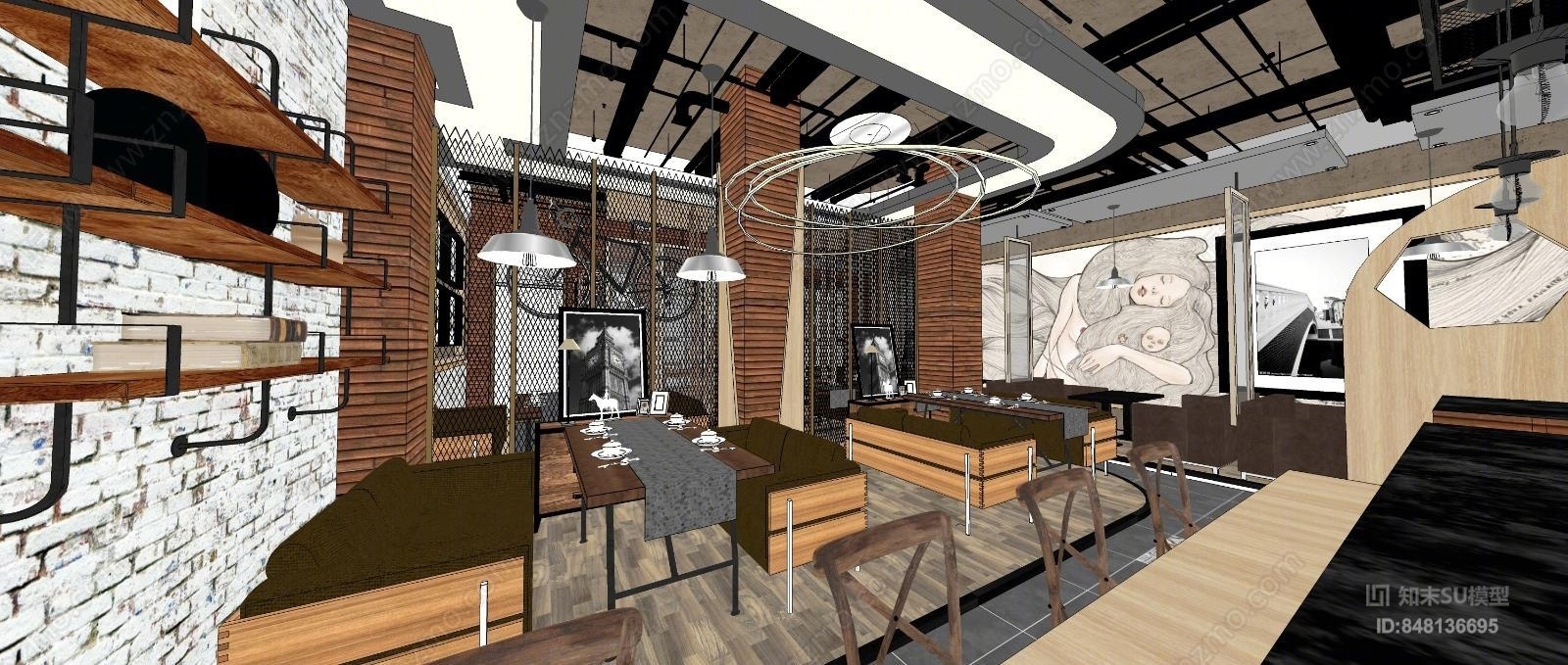 工业风咖啡厅书吧SU模型下载【ID:848136695】