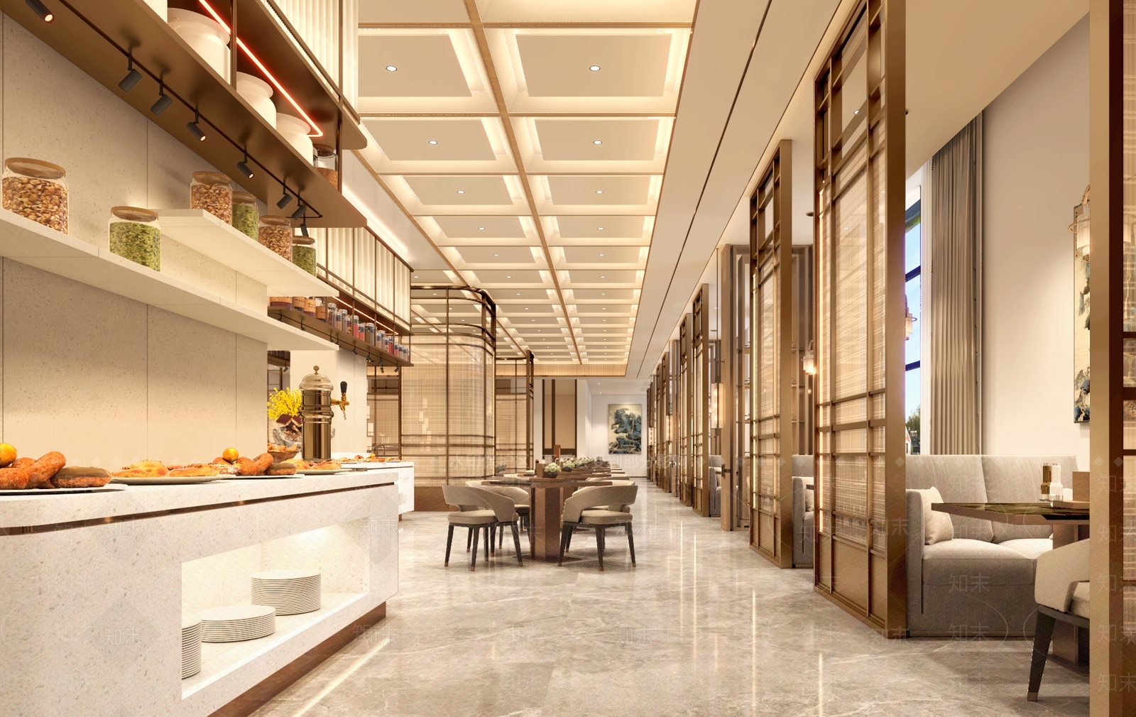 现代新中式自助餐厅3D模型下载【ID:1170313758】