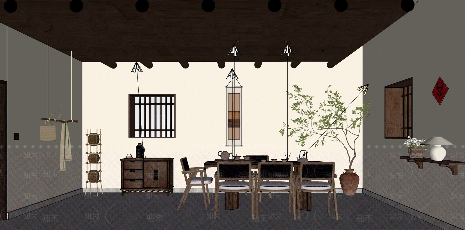 新中式复古茶餐厅SU模型下载【ID:1170352272】