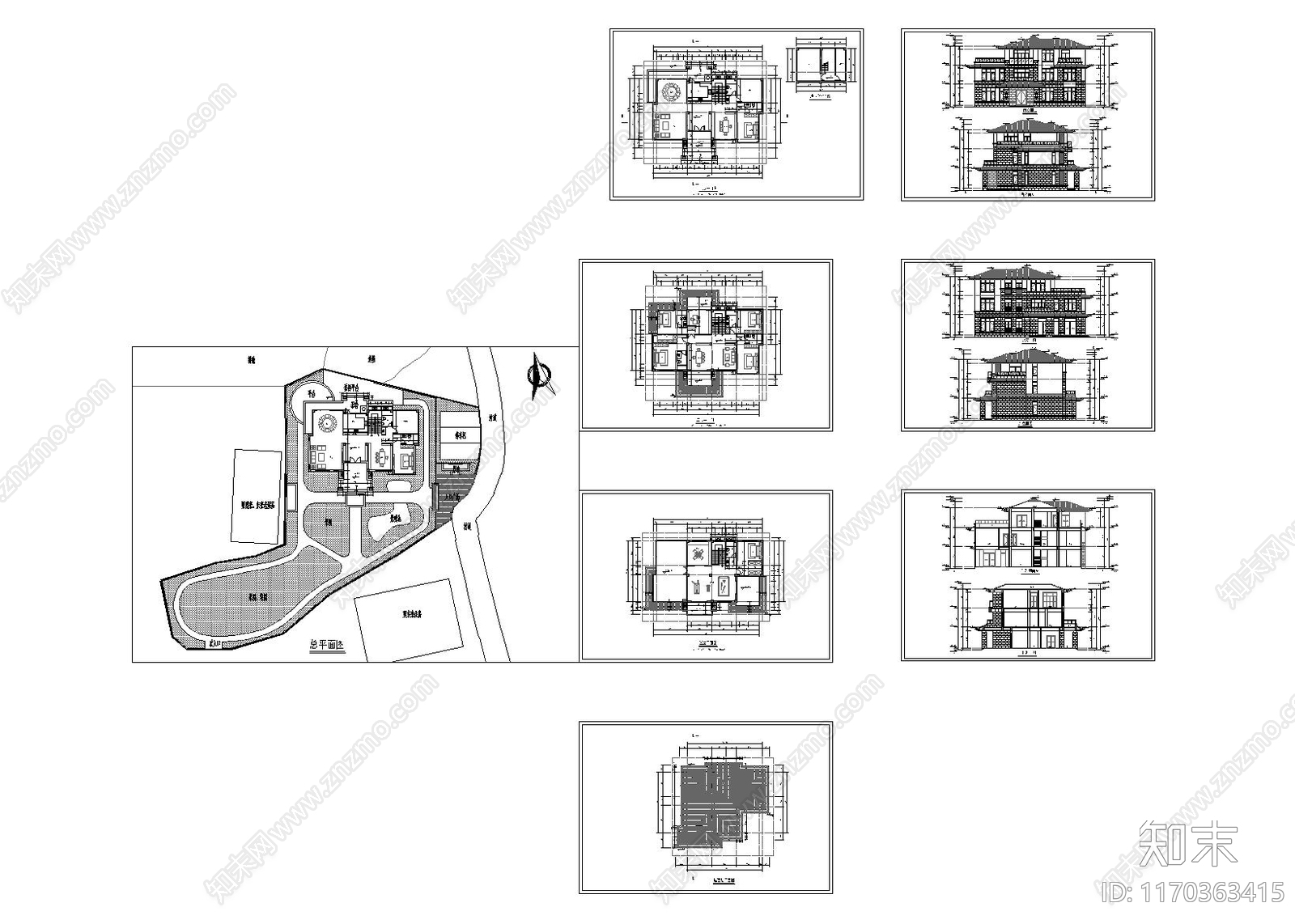 新中式简约别墅建筑cad施工图下载【ID:1170363415】