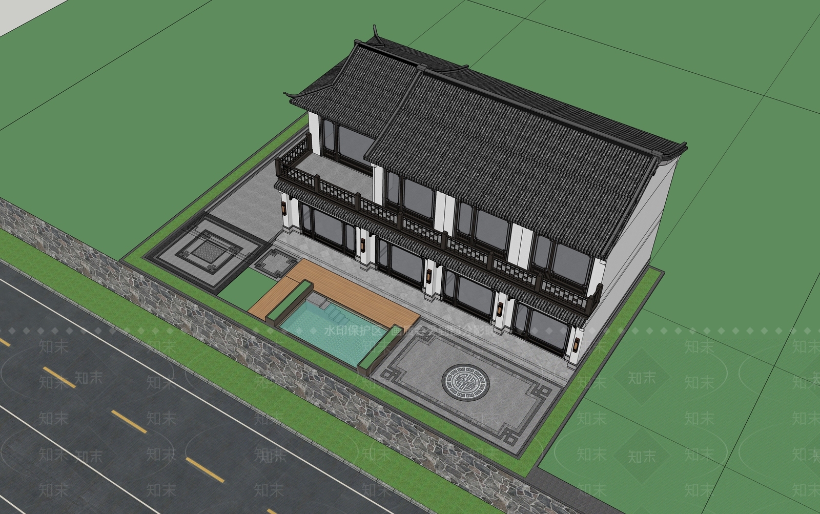 新中式现代风格建筑SU模型下载【ID:1170392567】