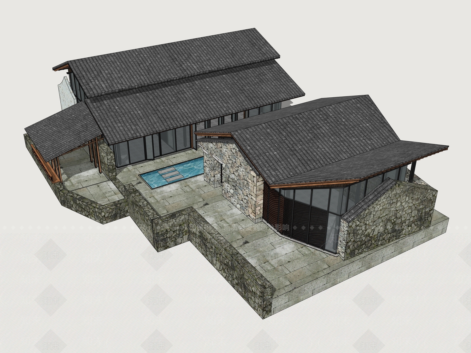 新中式民宿建筑SU模型下载【ID:1170408754】