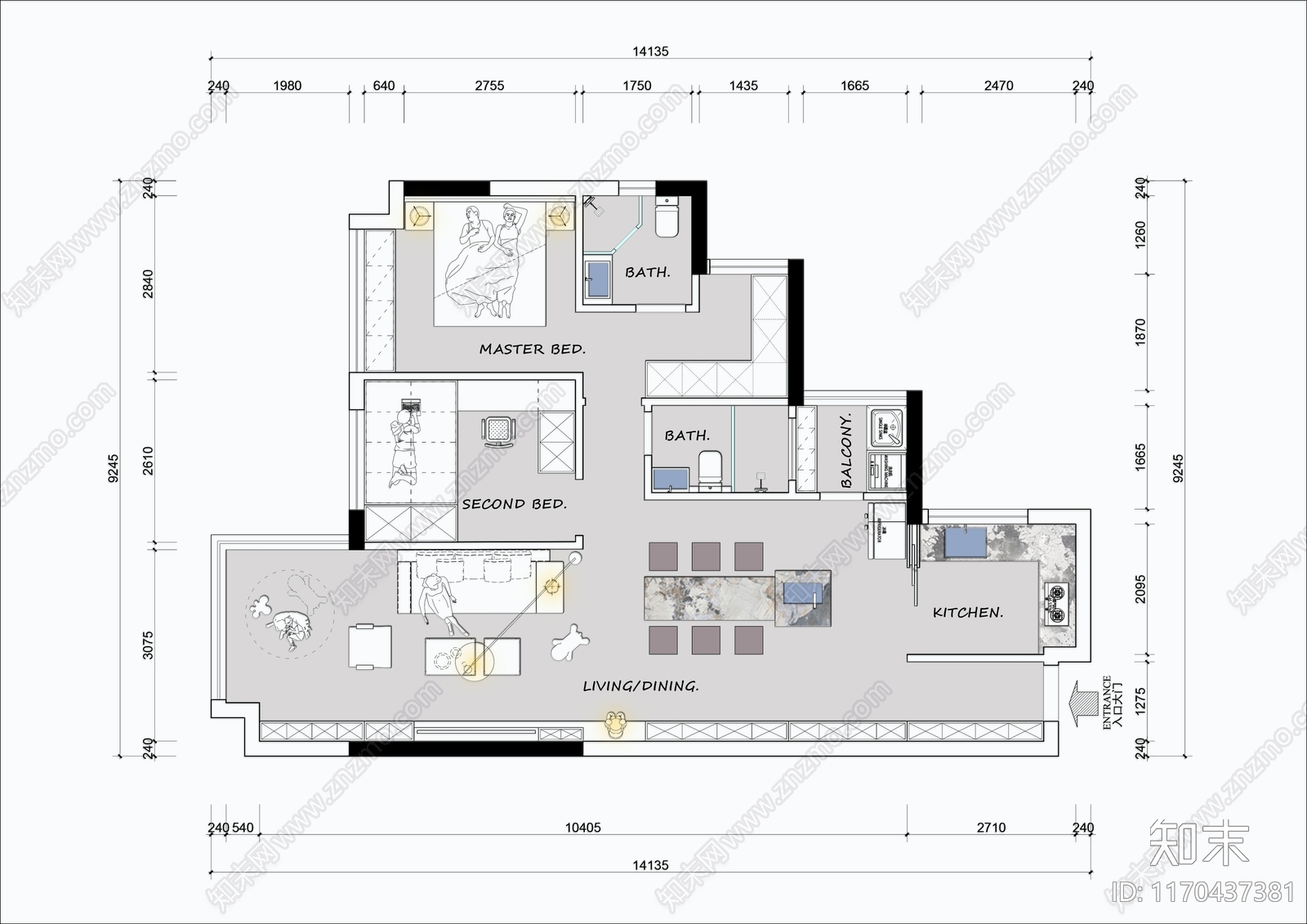 现代整体家装空间cad施工图下载【ID:1170437381】