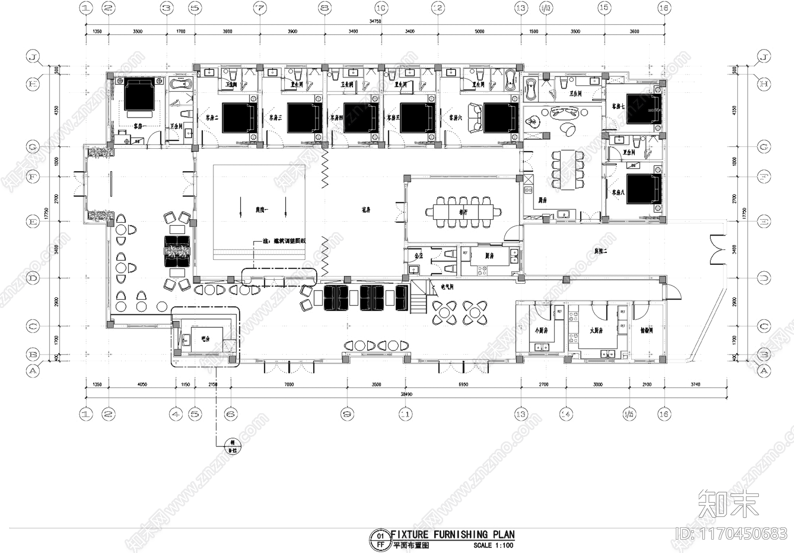 现代新中式民宿cad施工图下载【ID:1170450683】