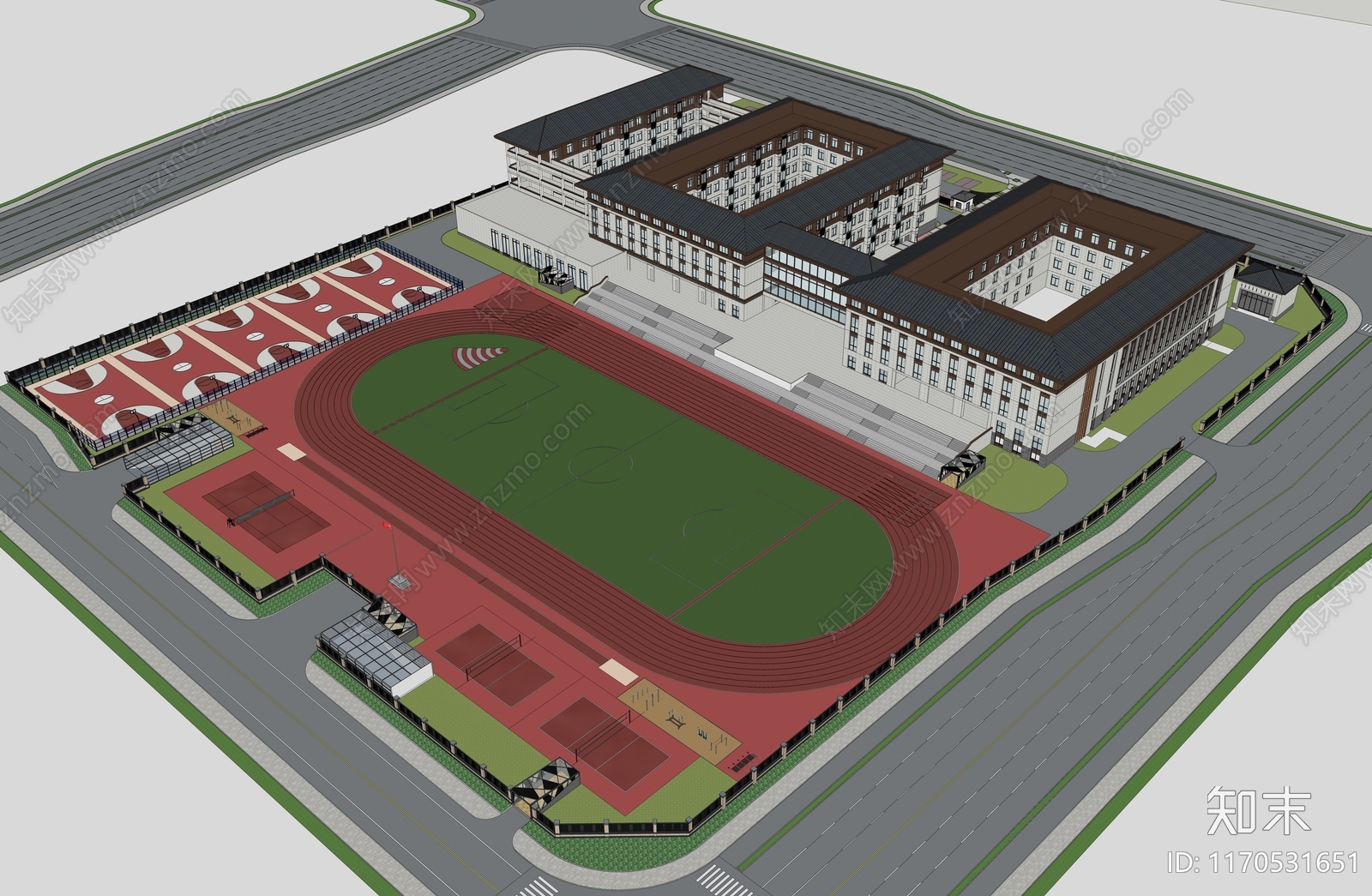 新中式现代学校建筑SU模型下载【ID:1170531651】