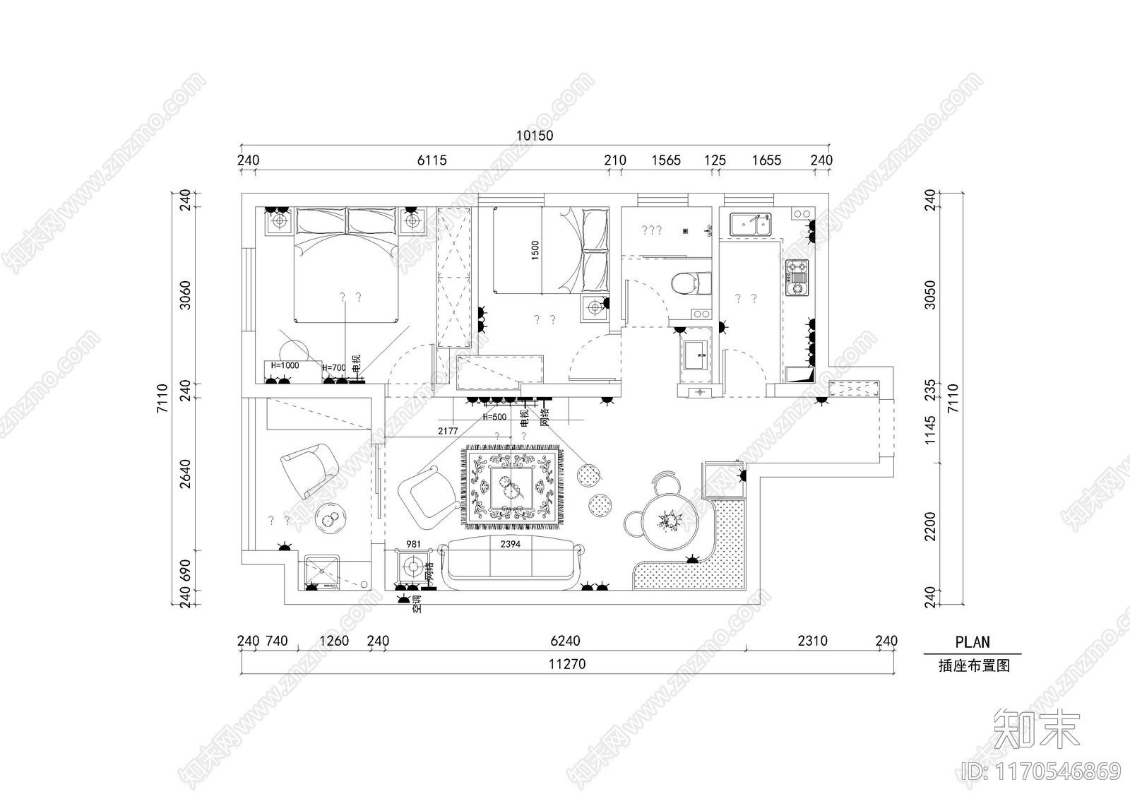 整体家装空间cad施工图下载【ID:1170546869】