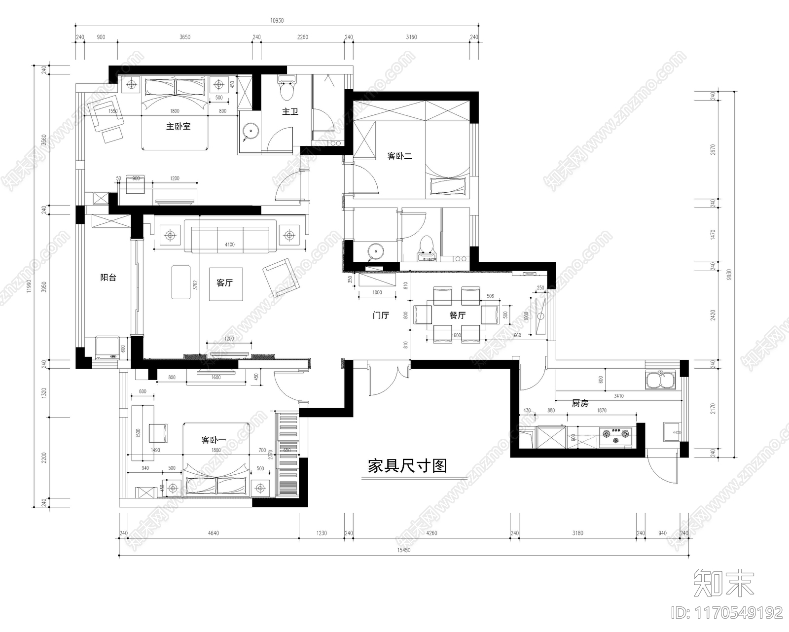 整体家装空间cad施工图下载【ID:1170549192】