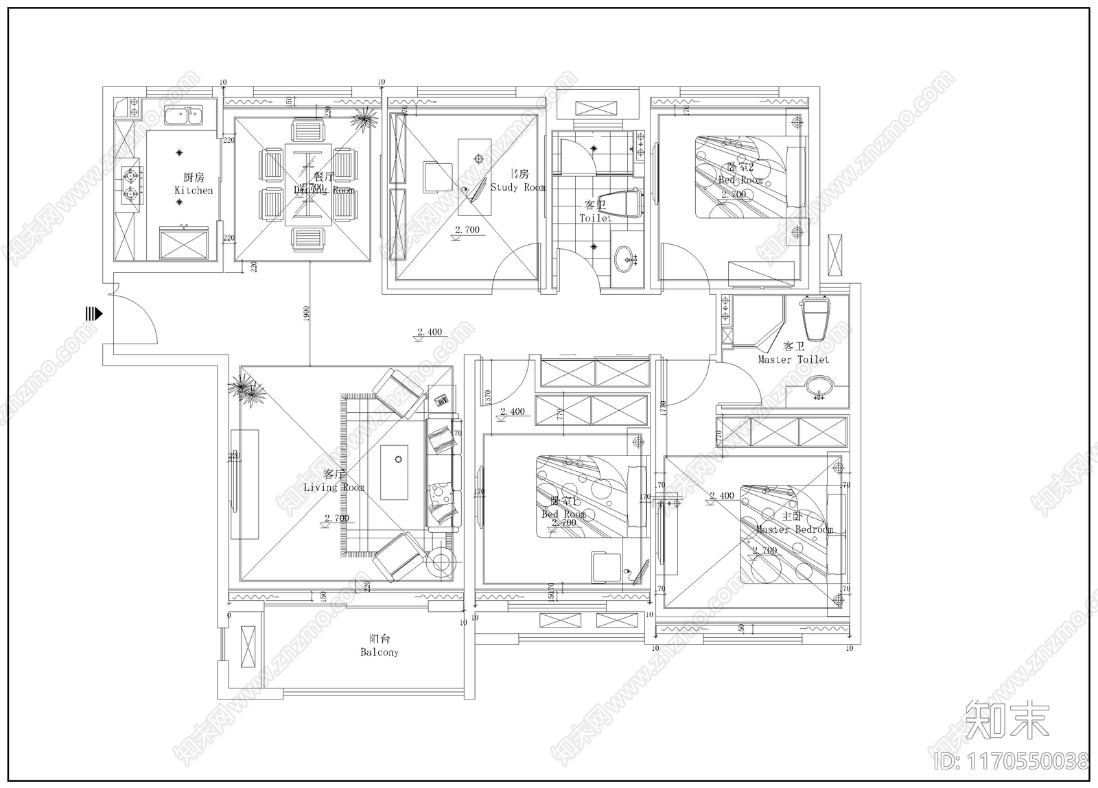 整体家装空间cad施工图下载【ID:1170550038】