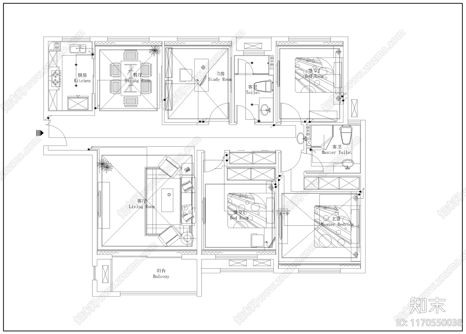 整体家装空间cad施工图下载【ID:1170550038】