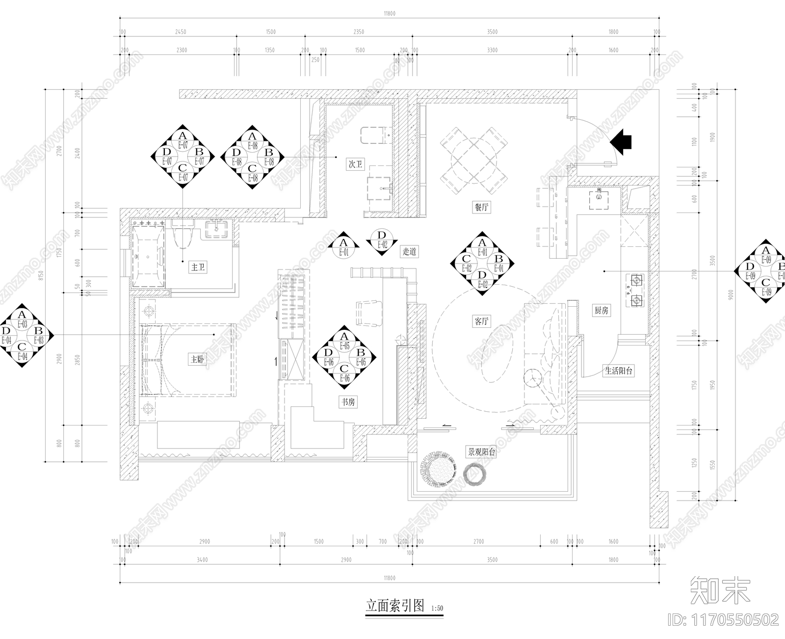 整体家装空间cad施工图下载【ID:1170550502】