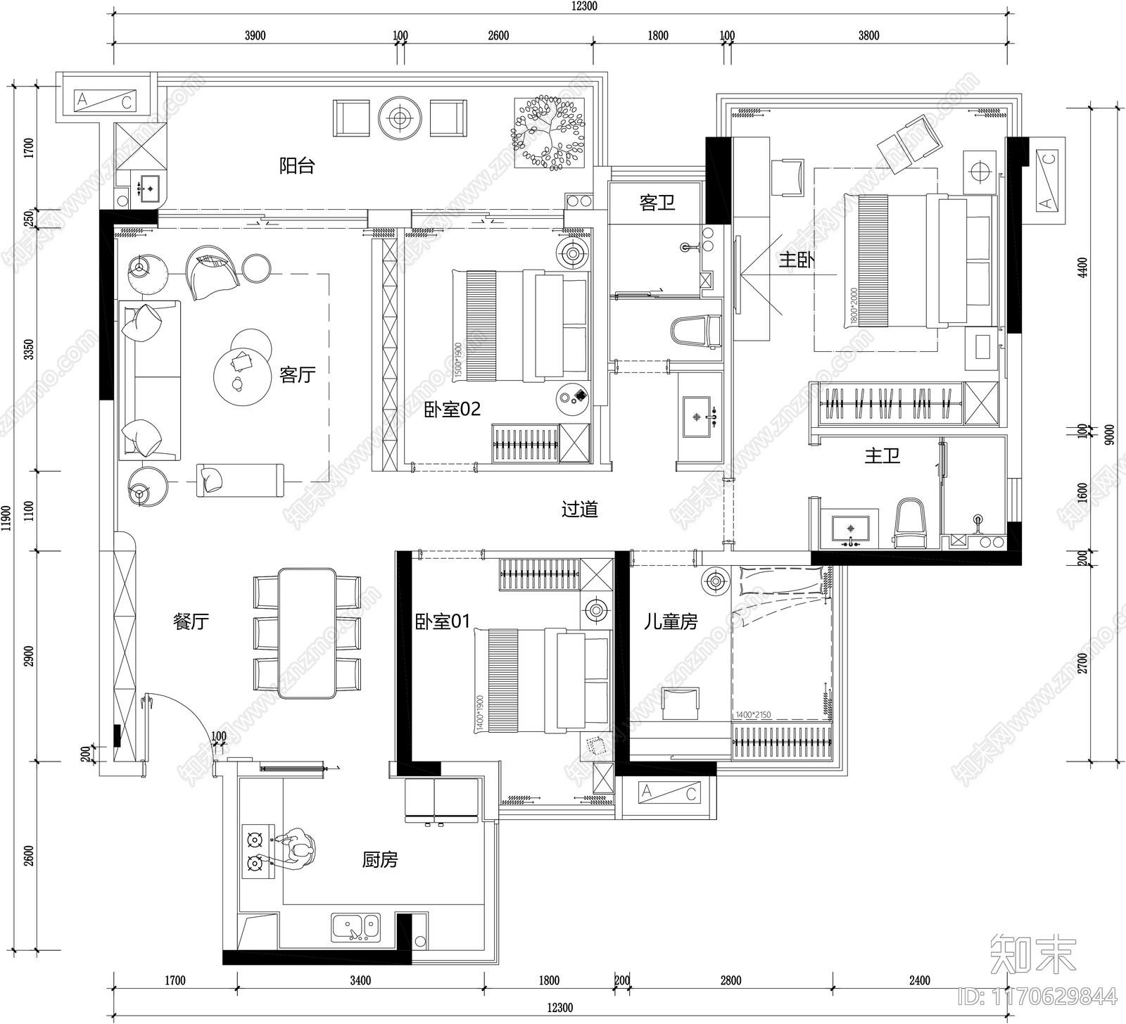 现代整体家装空间cad施工图下载【ID:1170629844】