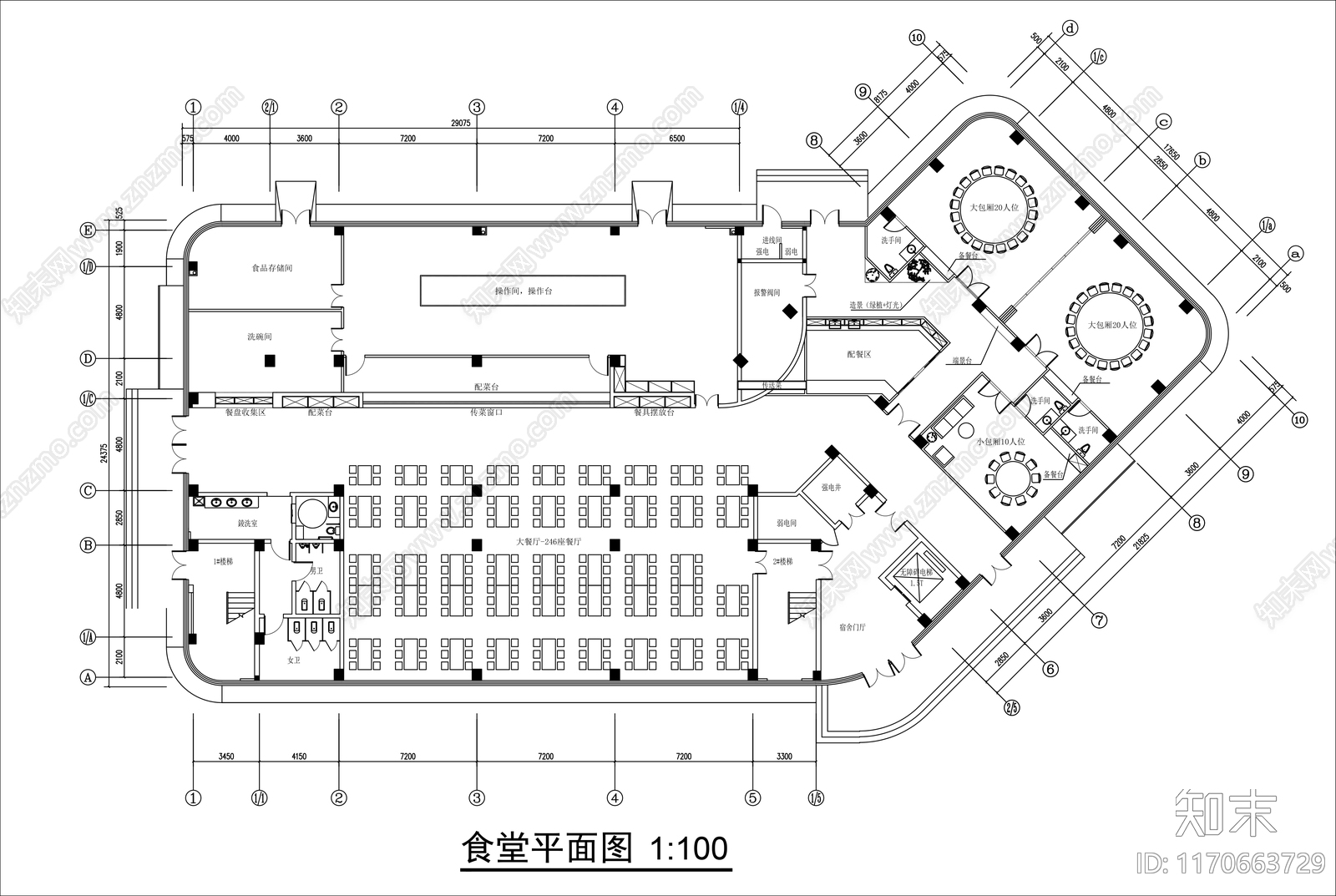 现代食堂cad施工图下载【ID:1170663729】