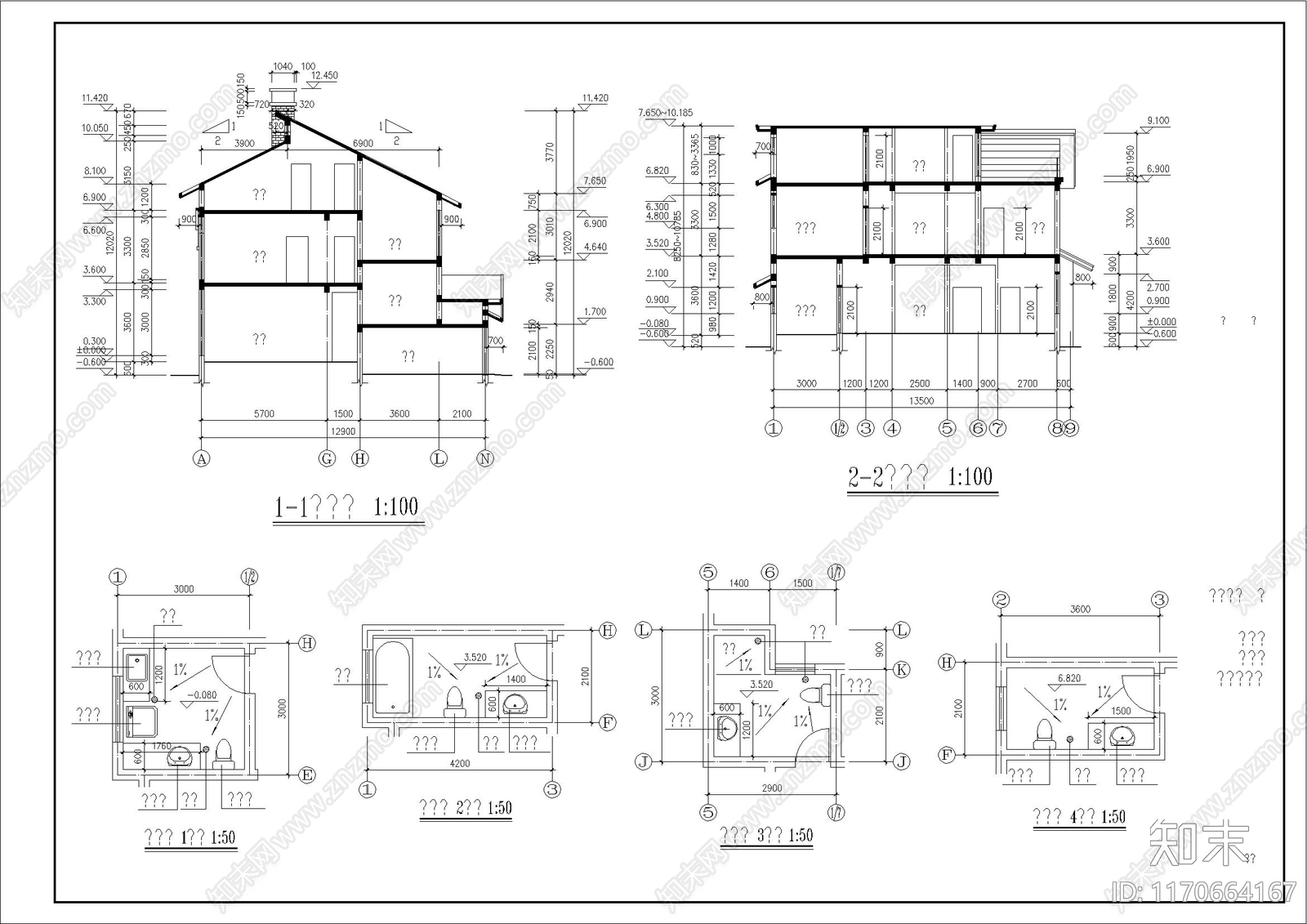 新中式美式别墅建筑cad施工图下载【ID:1170664167】