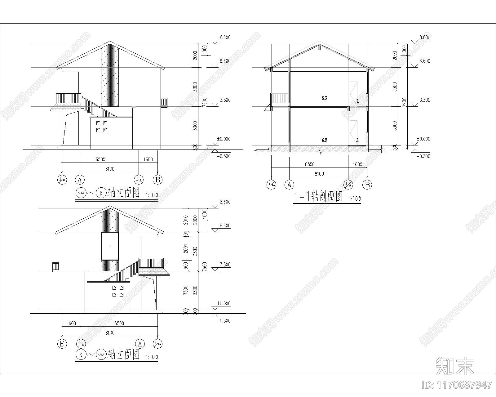 现代简约民宿建筑cad施工图下载【ID:1170687947】