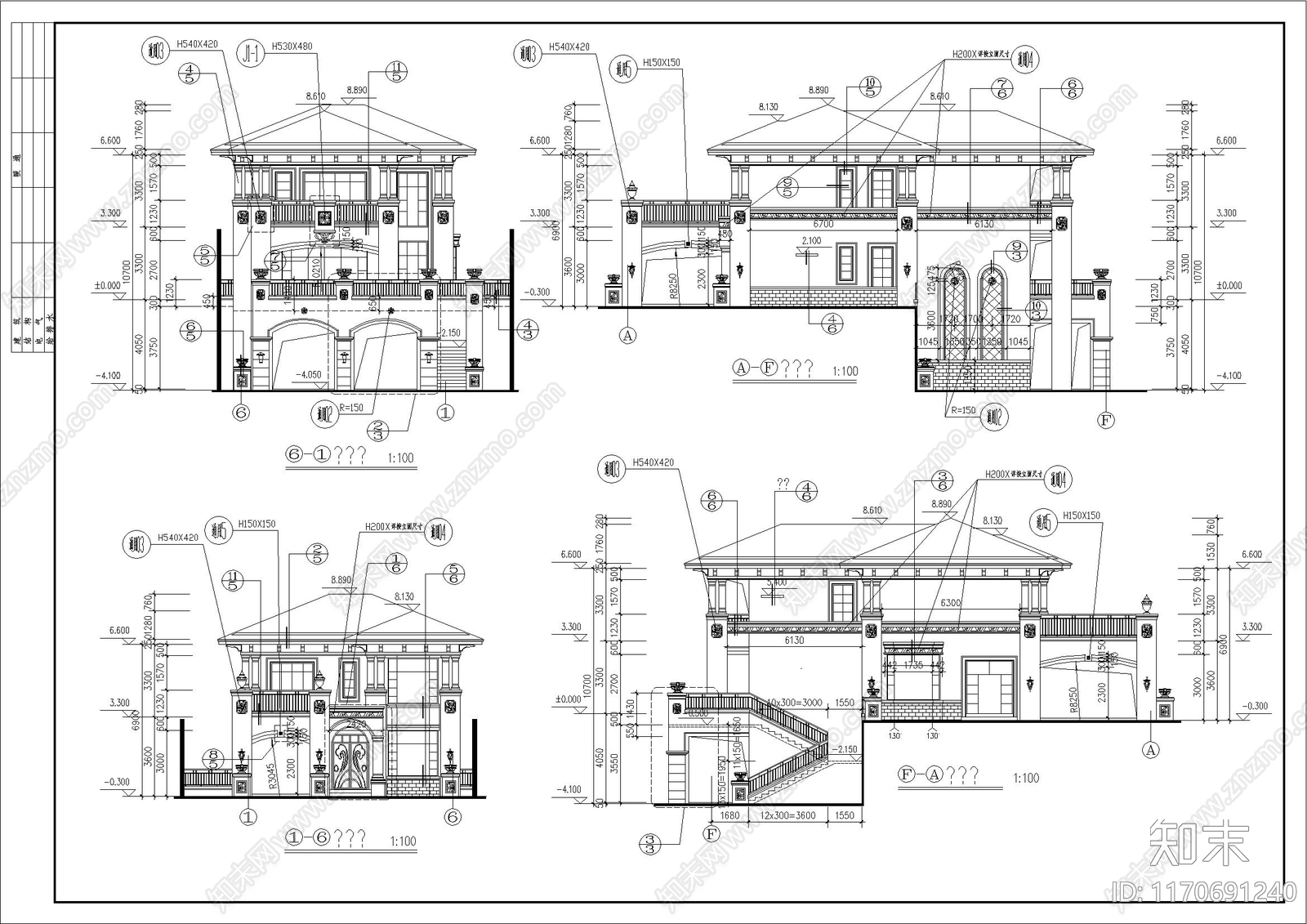 简欧别墅建筑cad施工图下载【ID:1170691240】