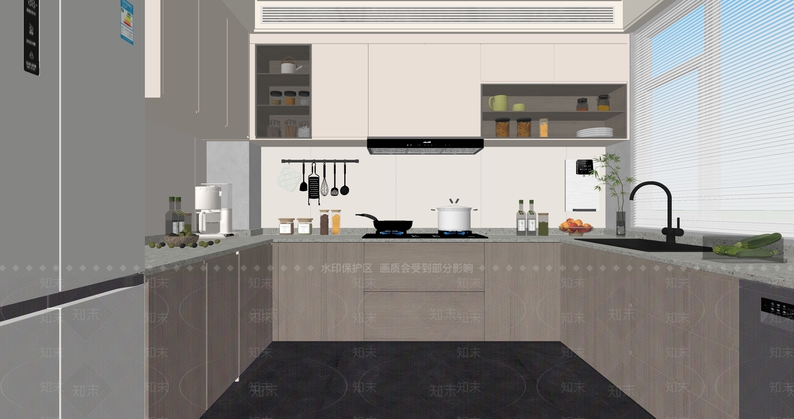 现代奶油封闭式厨房SU模型下载【ID:1170698194】