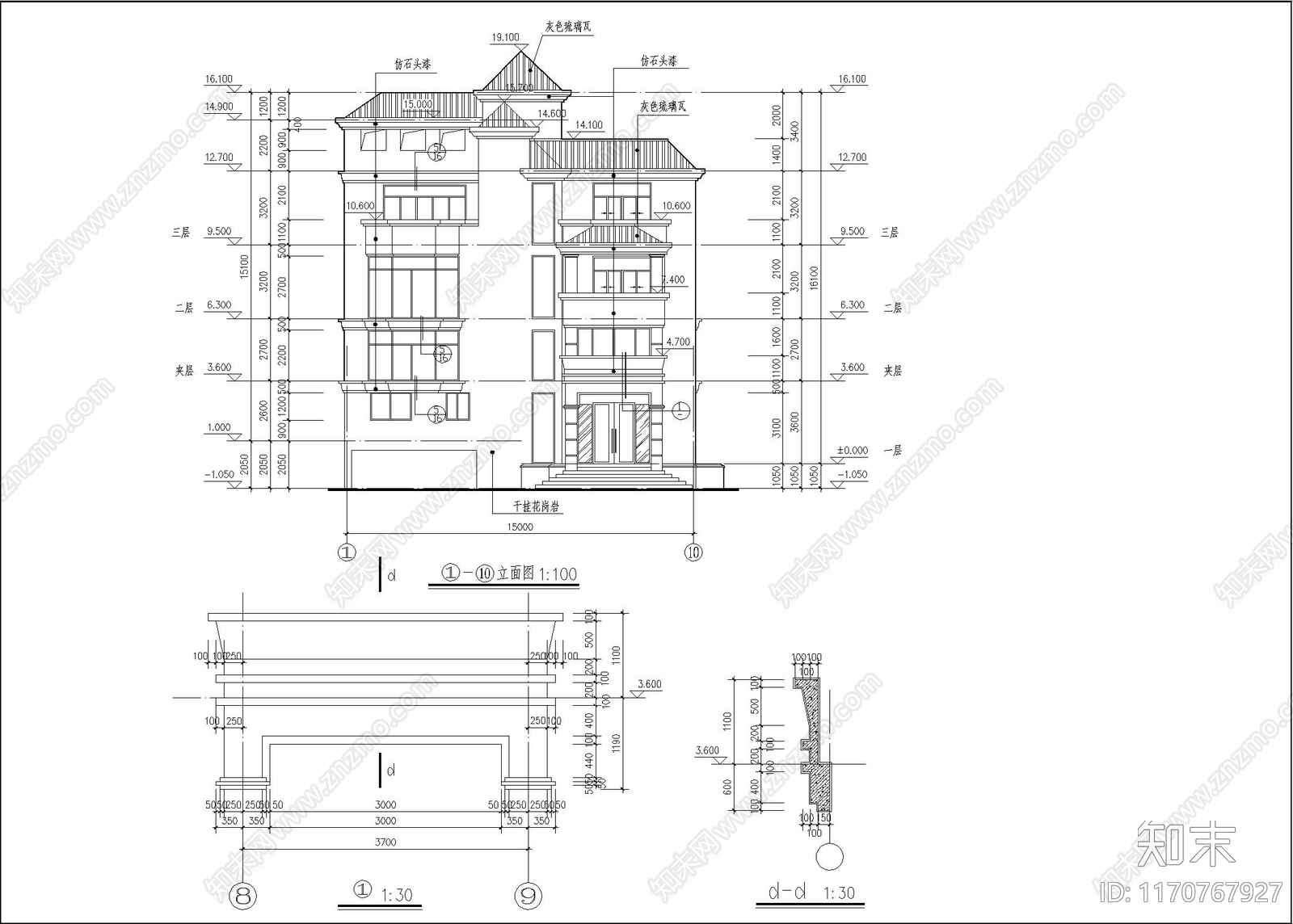 简欧别墅建筑施工图下载【ID:1170767927】