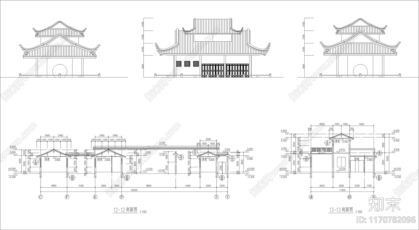 新中式中式别墅建筑cad施工图下载【ID:1170782096】