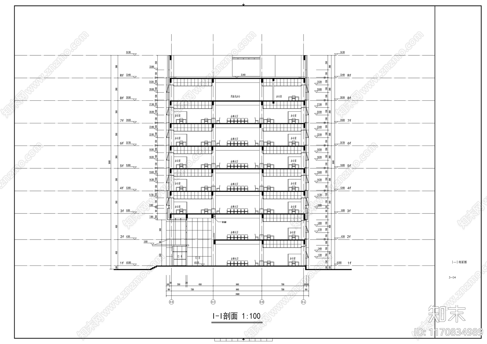 现代办公楼建筑cad施工图下载【ID:1170834989】