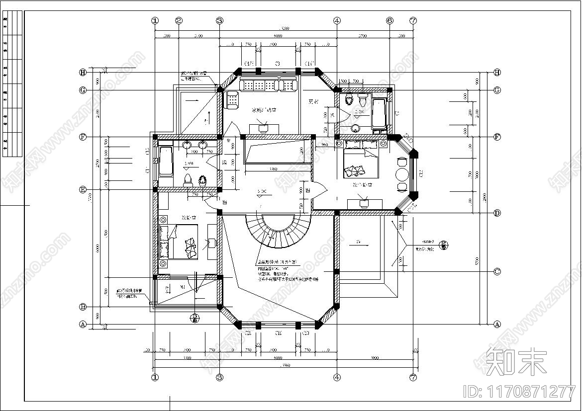 简欧别墅建筑cad施工图下载【ID:1170871277】