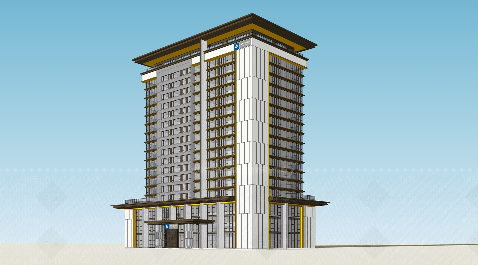 现代新中式酒店建筑SU模型下载【ID:1170873676】