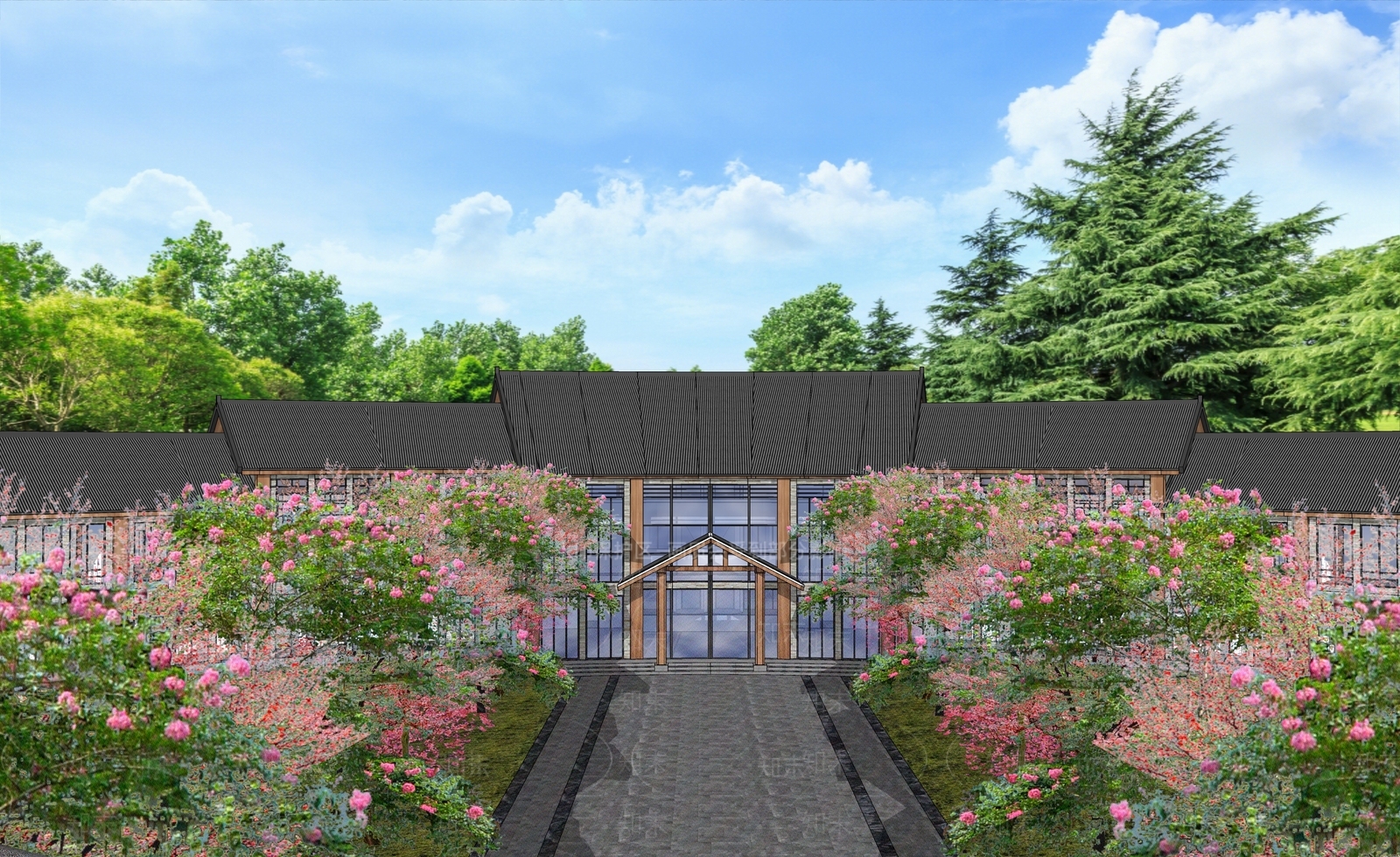 现代新中式酒店建筑SU模型下载【ID:1170912604】