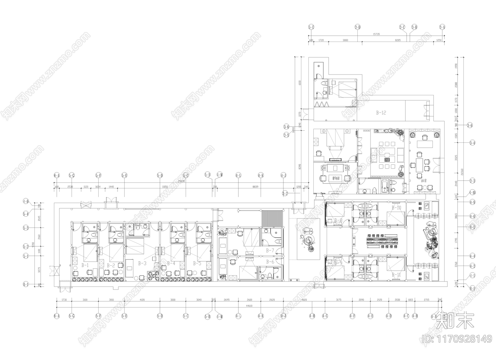 现代新中式民宿建筑cad施工图下载【ID:1170928149】