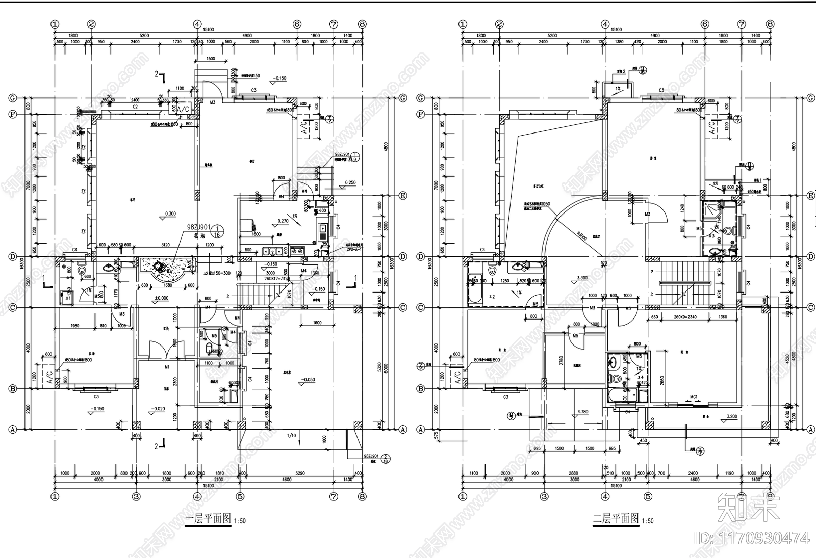 现代别墅建筑cad施工图下载【ID:1170930474】