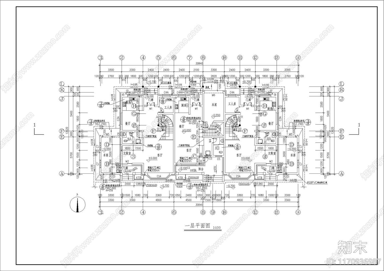 简欧别墅建筑cad施工图下载【ID:1170936987】