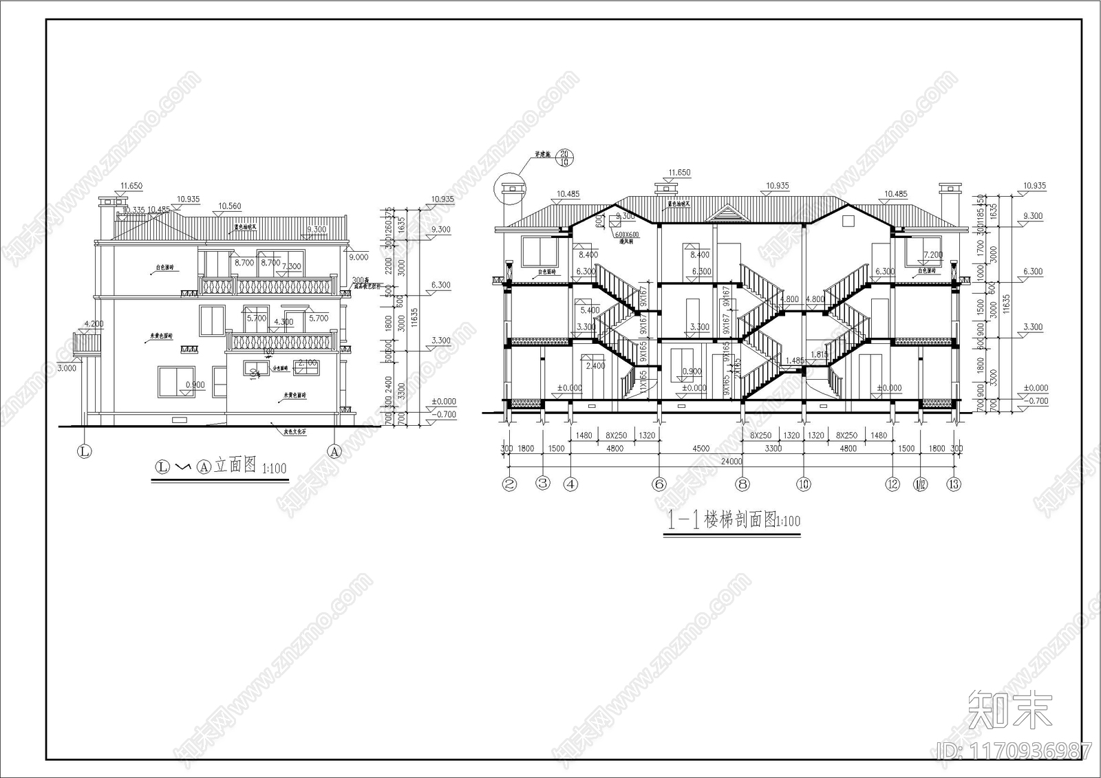 简欧别墅建筑cad施工图下载【ID:1170936987】