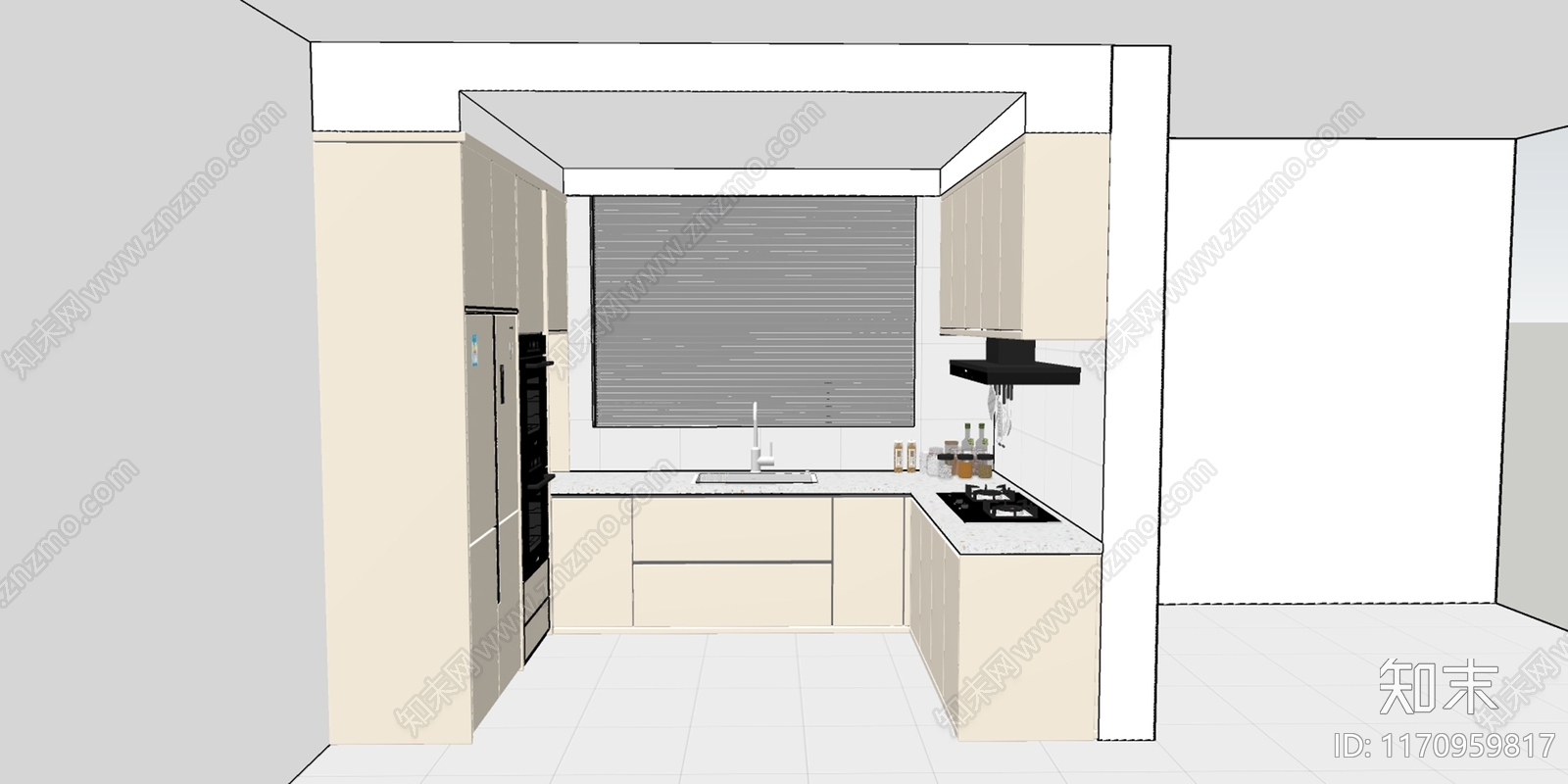 现代奶油封闭式厨房SU模型下载【ID:1170959817】