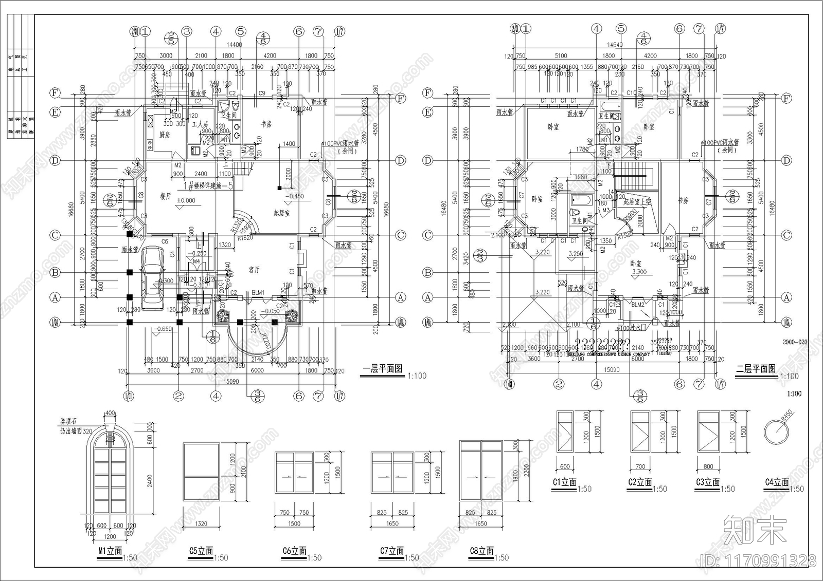 现代简欧别墅建筑cad施工图下载【ID:1170991328】