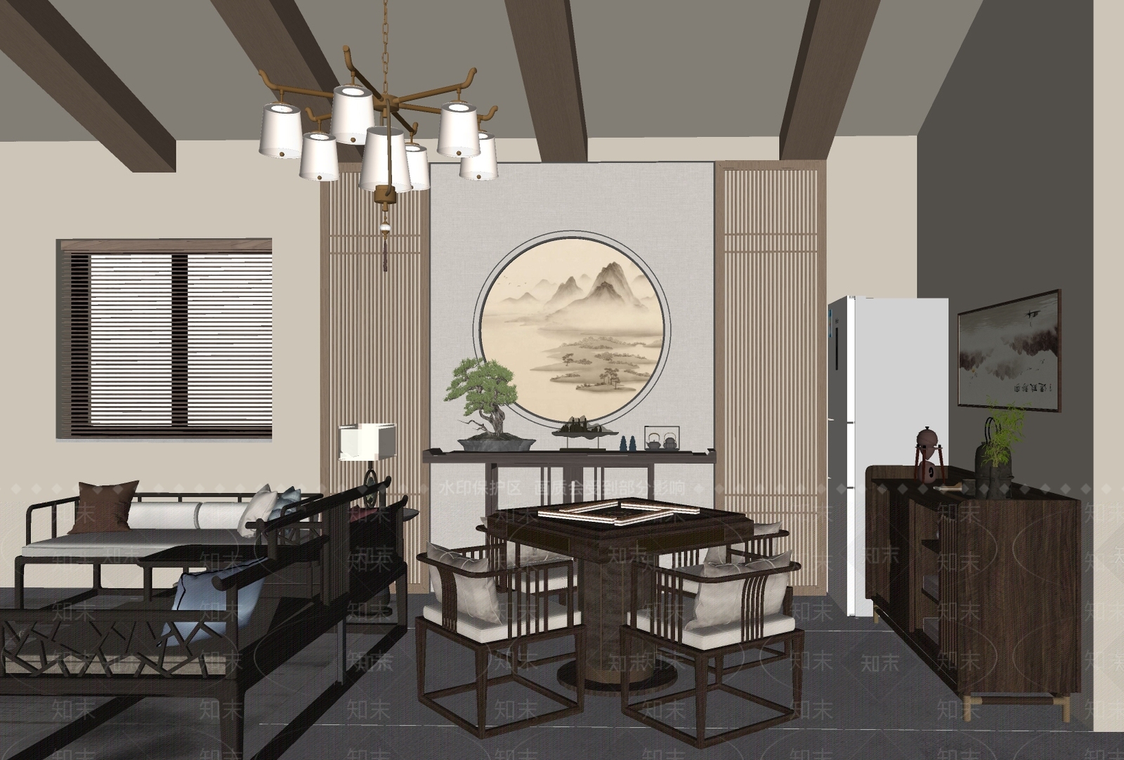 新中式禅意棋牌室SU模型下载【ID:1170997408】