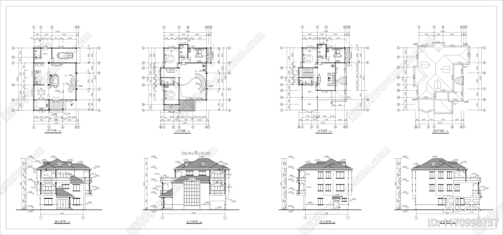 现代简欧别墅建筑cad施工图下载【ID:1170998757】