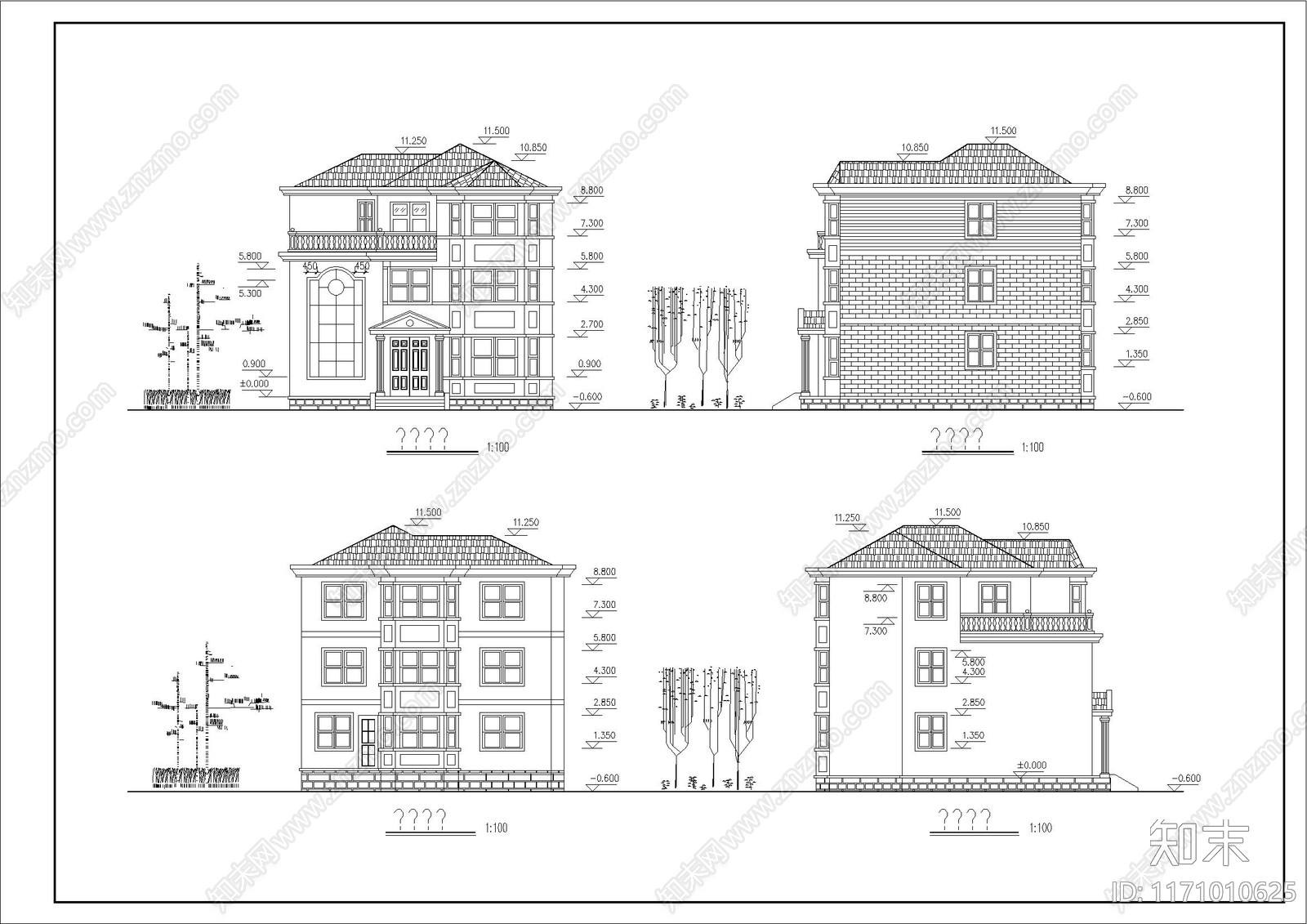 欧式简欧别墅建筑cad施工图下载【ID:1171010625】