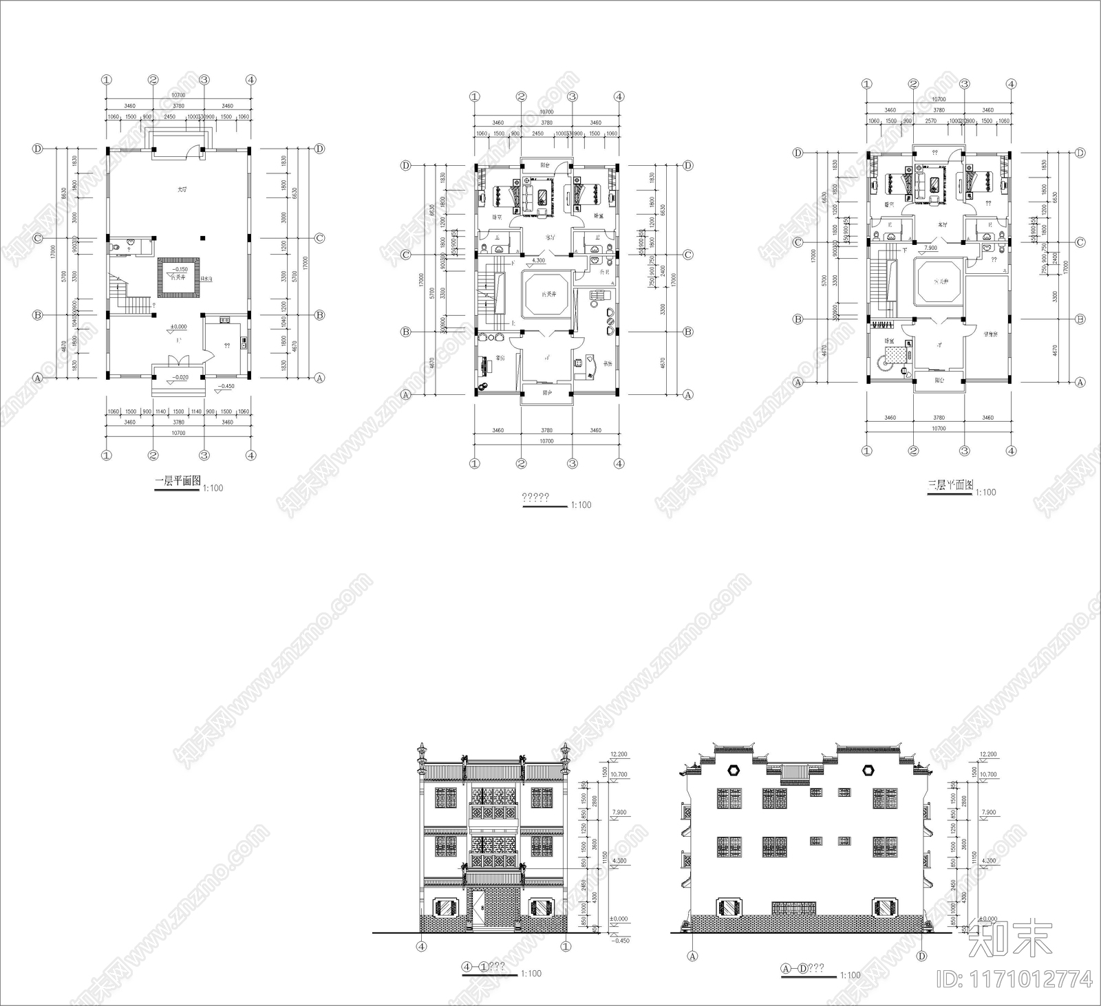 中式新中式别墅建筑cad施工图下载【ID:1171012774】