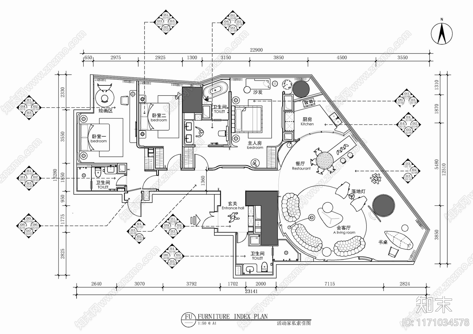 现代整体家装空间cad施工图下载【ID:1171034578】